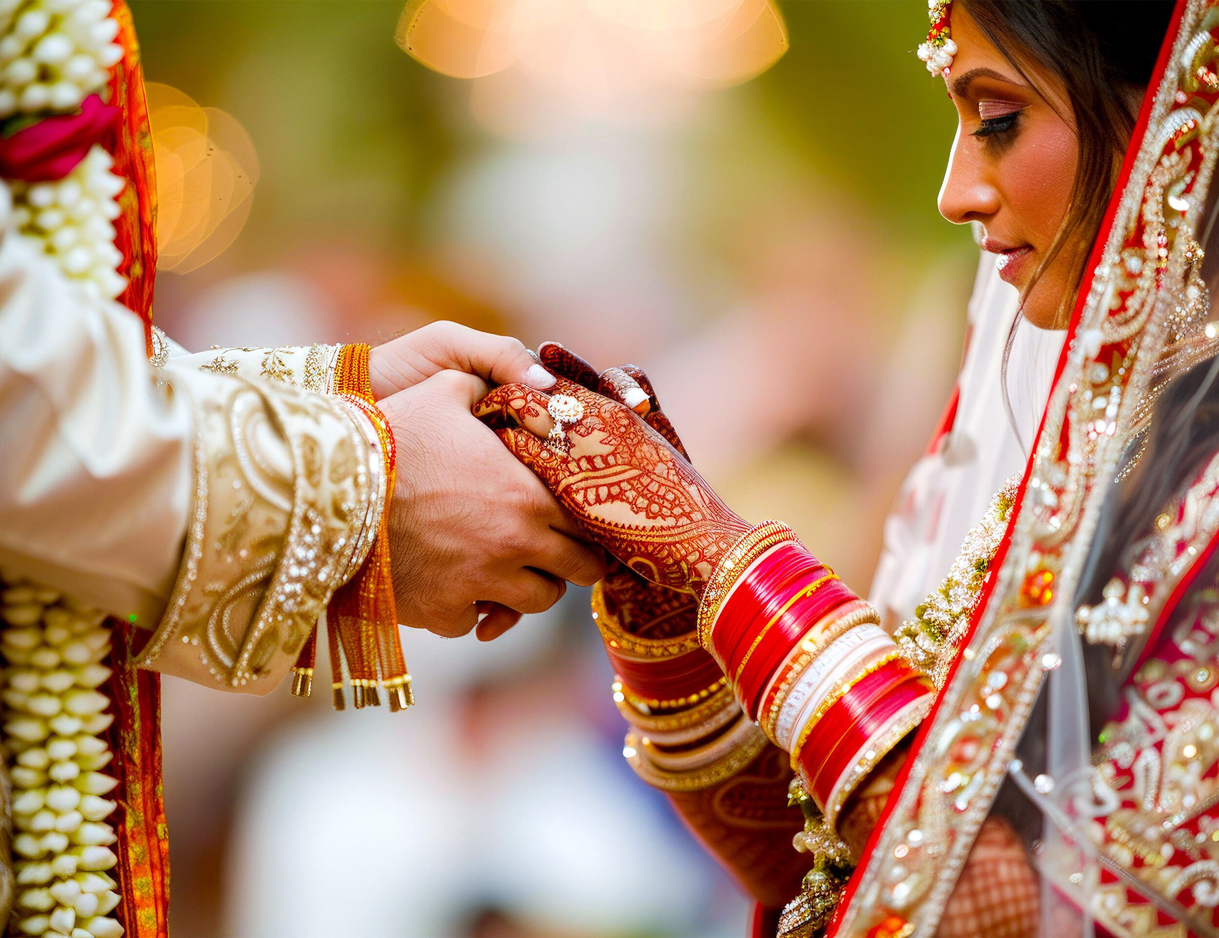 A Sindhi bride and groom lovingly holding hands, symbolizing their union in a joyful wedding celebration.